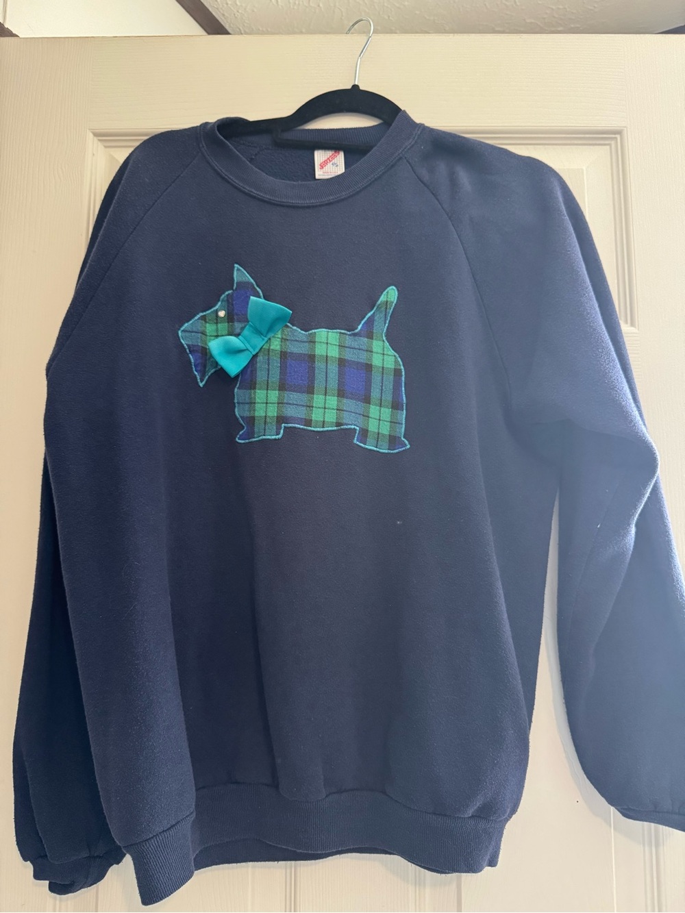 Jerzees Navy Sweatshirt with Green & Blue Plaid Scottie Applique